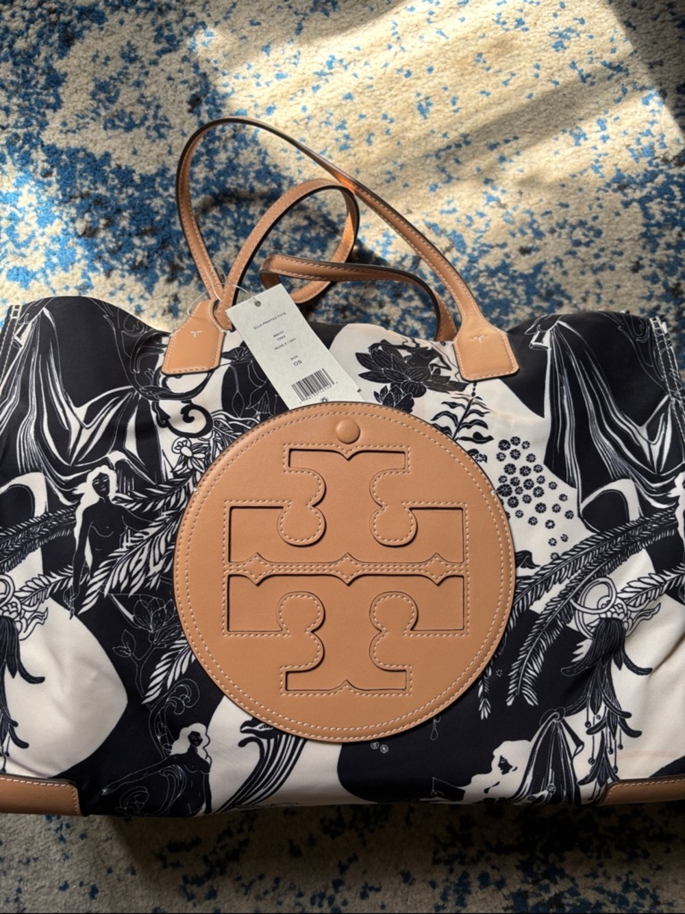 Tory Burch Black and Tan Logo Circle Patch Tote